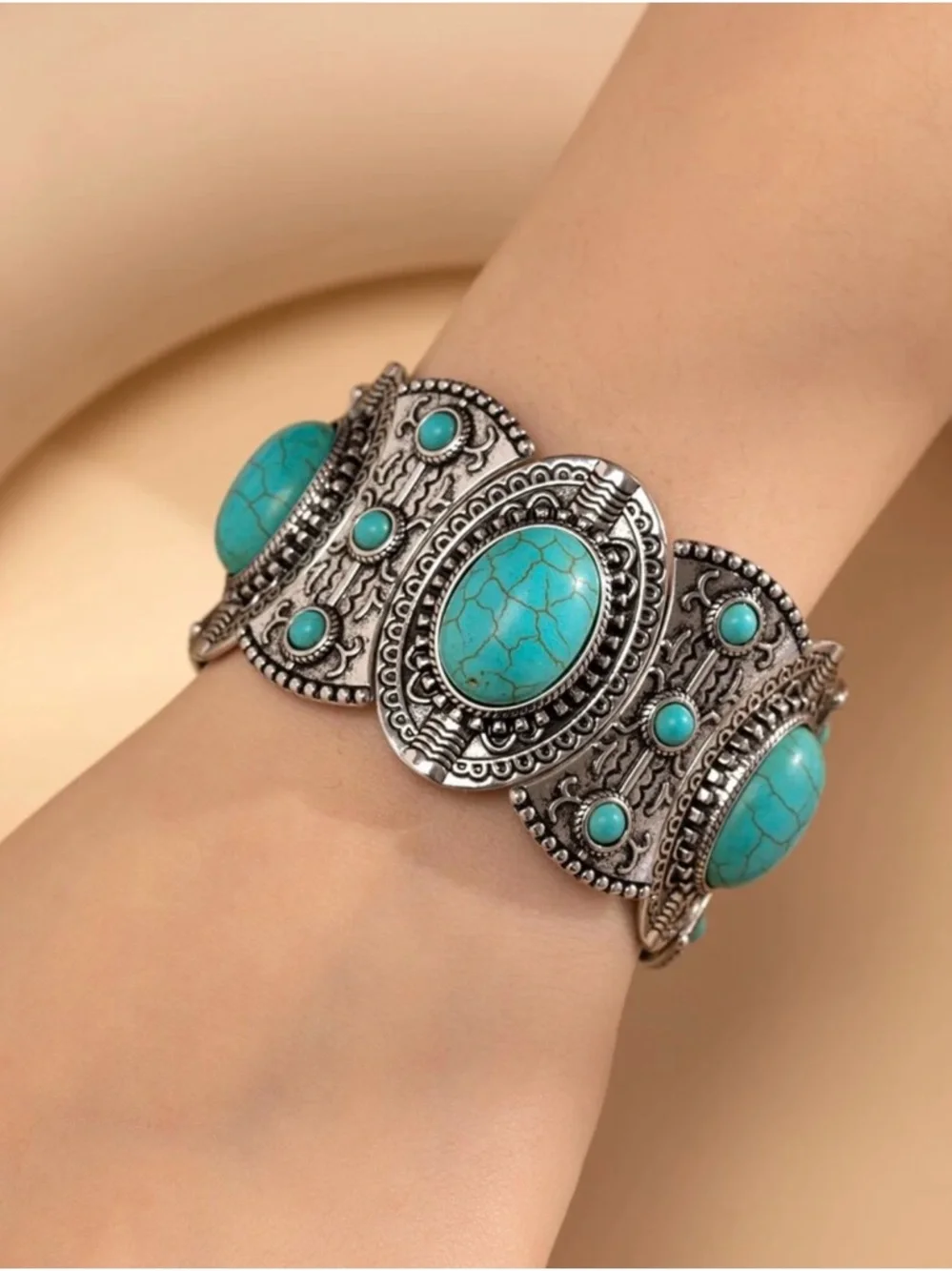 Turquoise Stone Silver-Tone Statement Bracelet - Women Jewelry